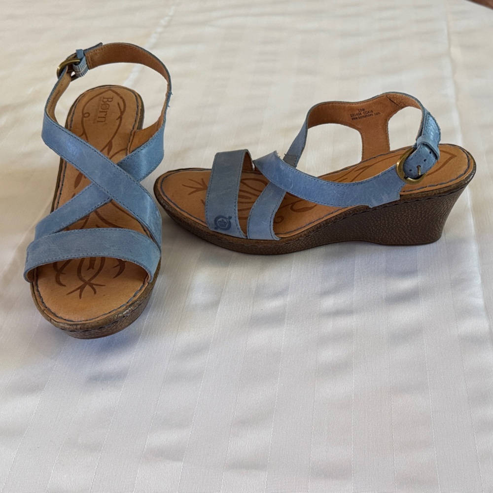 Born Women's Denim Blue Cross-Strap Wedge Sandals - size 10 US/ 42 European